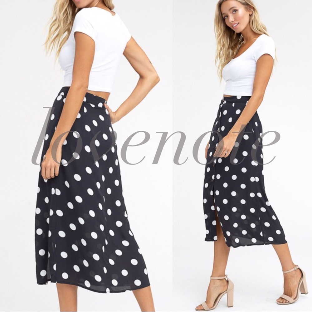 Last•Lined Polka Dot Midi Button Front High Waist - Picture 4 of 5
